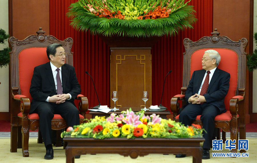 12月25日至27日，中共中央政治局常委、全國(guó)政協(xié)主席俞正聲對(duì)越南進(jìn)行正式訪(fǎng)問(wèn)。這是12月26日，俞正聲在河內(nèi)會(huì)見(jiàn)越共中央總書(shū)記阮富仲。 新華社記者馬占成攝