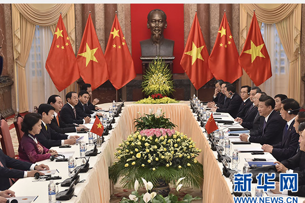 11月6日，中共中央總書記、國家主席習近平在河內同越南國家主席張晉創舉行會談。 新華社記者李濤攝